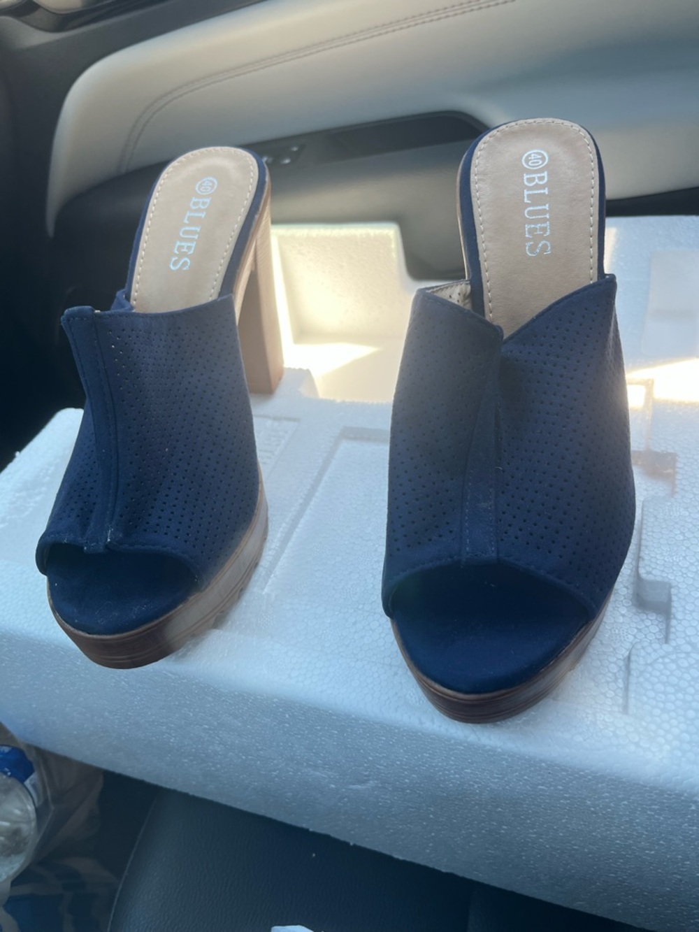 Navy Peep-Toe Platform Mule Heels